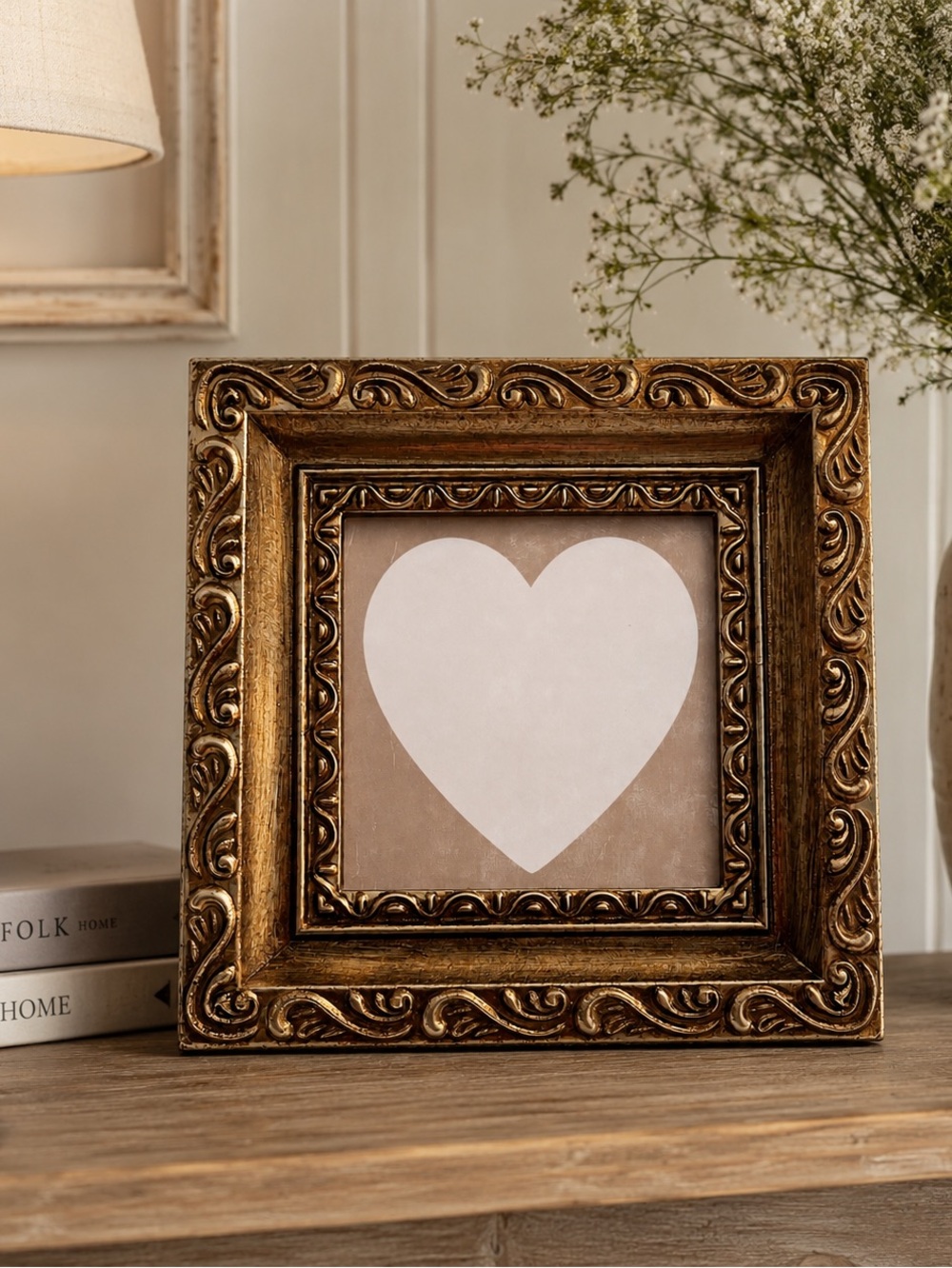 Ornate Gold Heart Framed Tabletop Decor 8.3” Square Vintage Style Easel Back